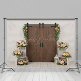 Lofaris White Brick Wall Floral Wood Door Wedding Backdrop